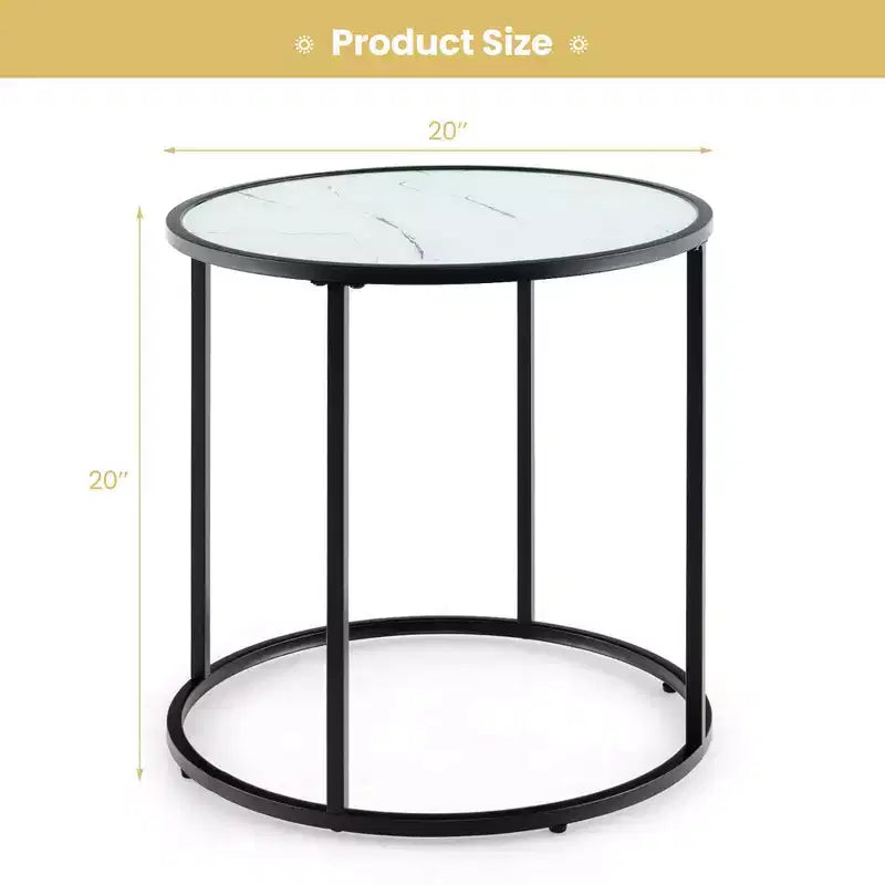 Costway 2PCS Glass End Table 20 Round Side Table w/ Metal Frame & Faux Marble Glass Top