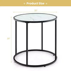 Costway 2PCS Glass End Table 20 Round Side Table w/ Metal Frame & Faux Marble Glass Top