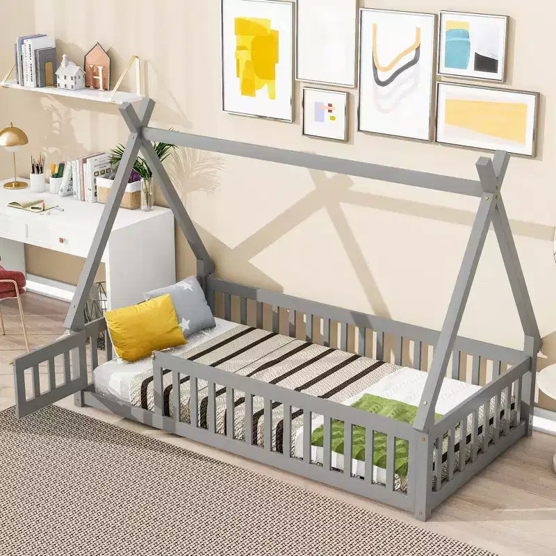 TUYOHW Twin Size Toddler Floor Bed with Super High Security Barrier,Modern Montessori Bed with Door for Bedroom