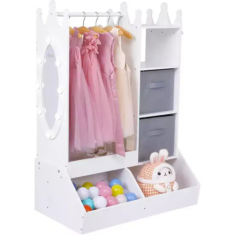 Kids Dress Up Storage with Mirror, Pink Wardrobe Closet & Dresser with Mirror, Costume Organizer with Shelves and Jewelry Cabinet Kids Dressers