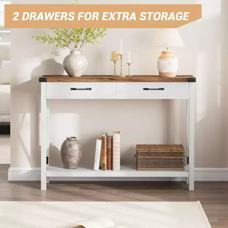 43 Console Table with Drawers & Open Shelf, Entryway Table2-Tier Narrow Sofa Table for Entryway, Living Room, Corridor,White
