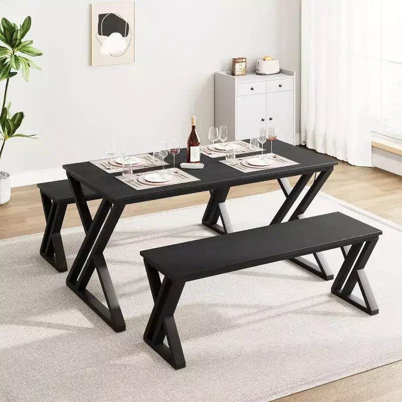 Dining Table Bench Set for 4, Kitchen Table Set with 2 Benches, Metal Frame, Saving Space for Kitchen, Dining Room, Apartment