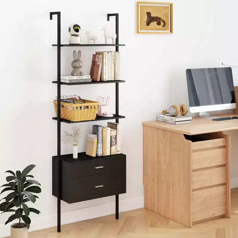 Costway 2 PCS Ladder Bookshelf w/ Storage Wall Mount Bookcase w/ 4 Open Shelves Black