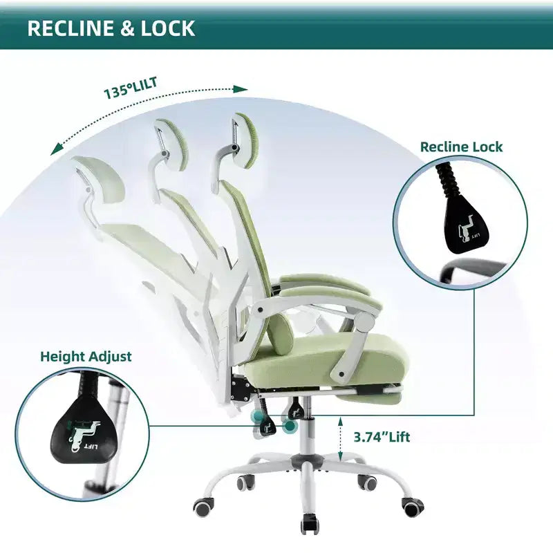TUYOHW Silla de oficina de malla giratoria con ruedas, silla de oficina con reposapiés retráctil, silla de juegos con cojín de soporte lumbar para oficina