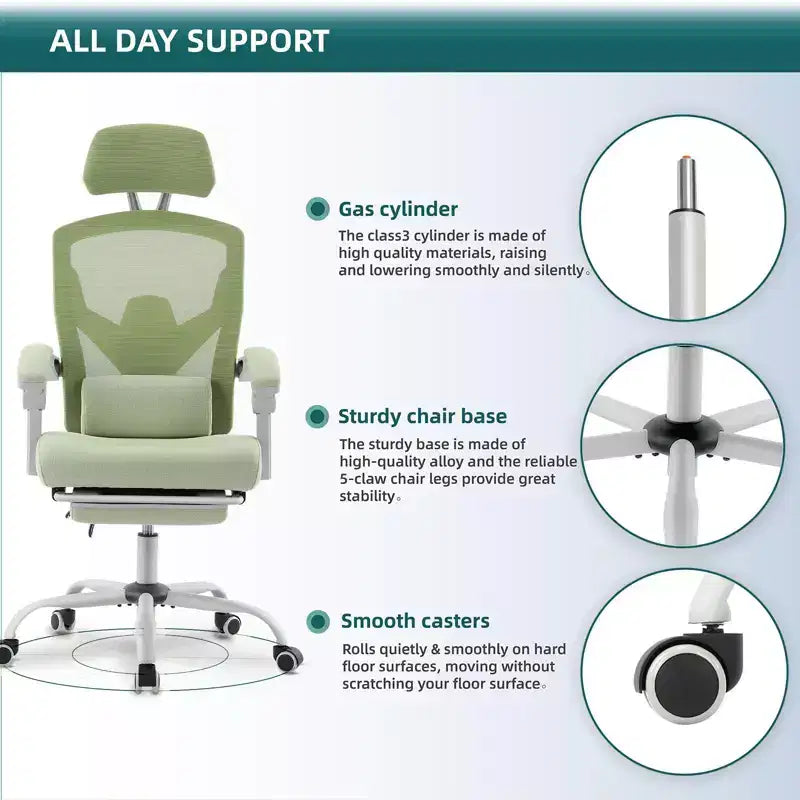 TUYOHW Silla de oficina de malla giratoria con ruedas, silla de oficina con reposapiés retráctil, silla de juegos con cojín de soporte lumbar para oficina