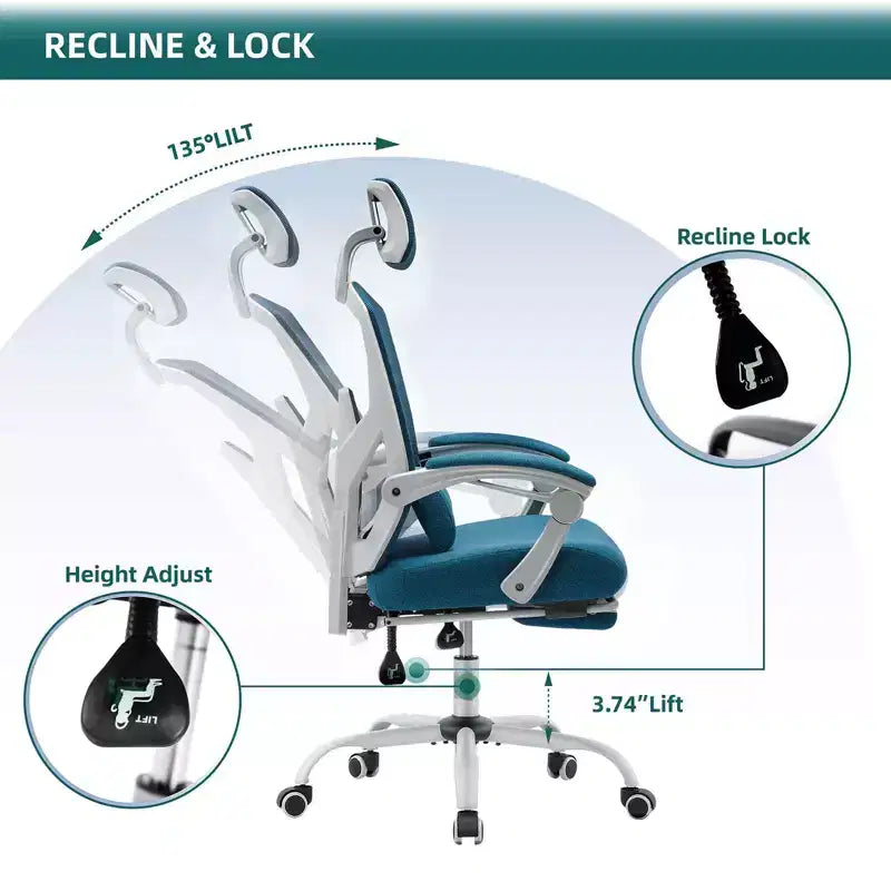 TUYOHW Silla de oficina de malla giratoria con ruedas, silla de oficina con reposapiés retráctil, silla de juegos con cojín de soporte lumbar para oficina