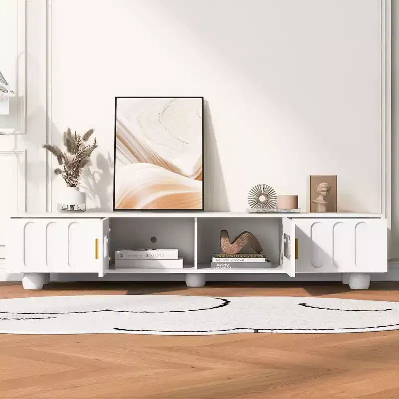 Modern TV Stand with Glass Door for 80 TV, Media Console Table with Storage, TV Storage Cabinet with Solid Wood Legs for Living room, White