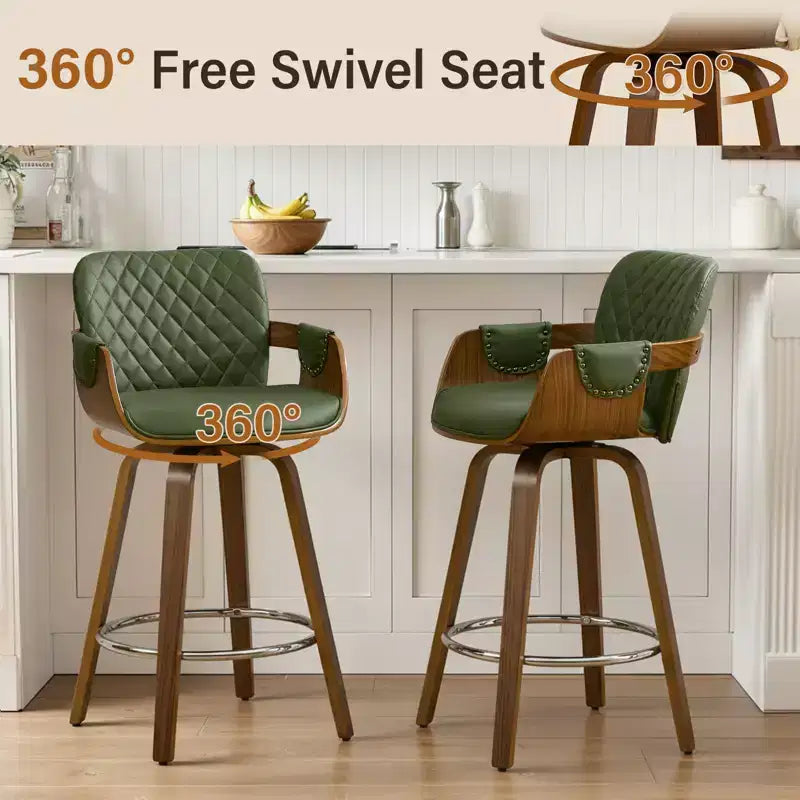 Bekrvio 26 Swivel Counter Height Bar Stools Set of 1/2/3/4,Modern Faux Leather Upholstered with Back & Arm, Wood Legs, Bar Chairs for Kitchen Island