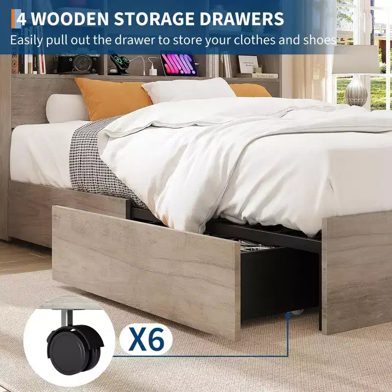 Bed Frame with High Storage Bookcase Headboard, 4 Storage Drawers, Built in Charging Station, No Box Spring Needed, Metal Frame, Noise-Free