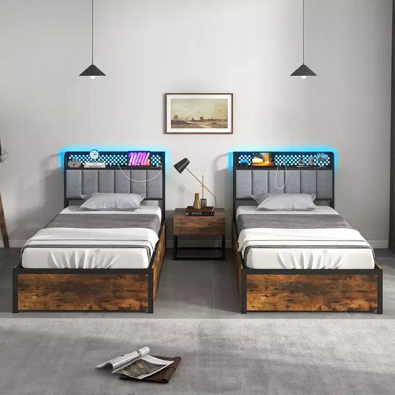Costway LED Bed Frame Twin/Full/Queen Size w/ Charging Station Upholstered Headboard 4 Drawers