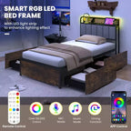 Costway LED Bed Frame Twin/Full/Queen Size w/ Charging Station Upholstered Headboard 4 Drawers