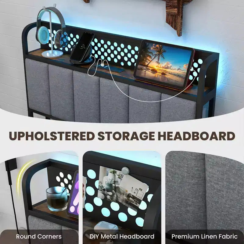 Costway LED Bed Frame Twin/Full/Queen Size w/ Charging Station Upholstered Headboard 4 Drawers