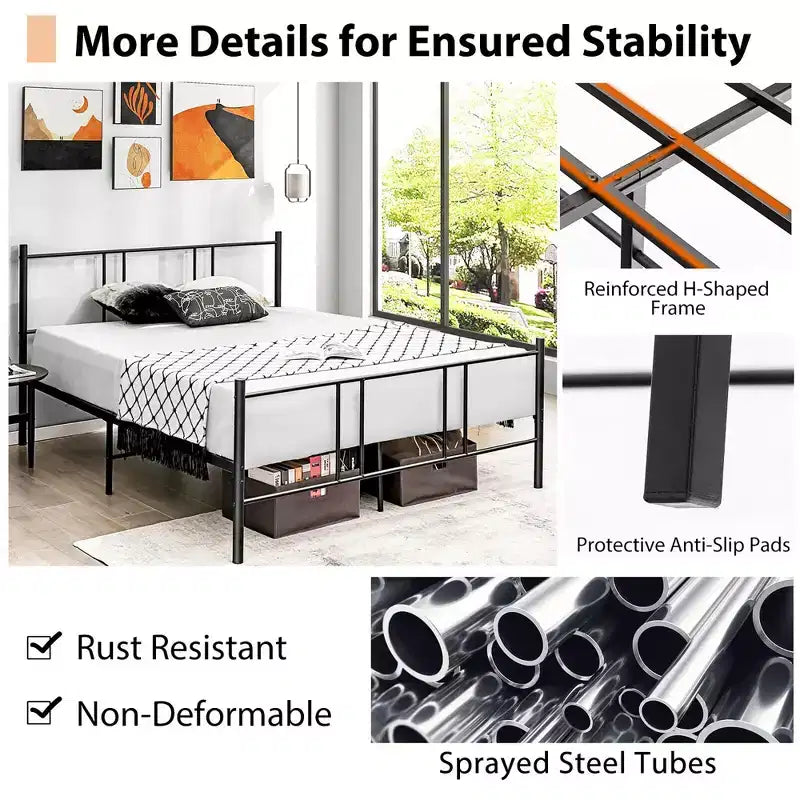 Costway Queen Size Steel Platform Bed Frame Headboard Heavy-Duty Mattress Foundation