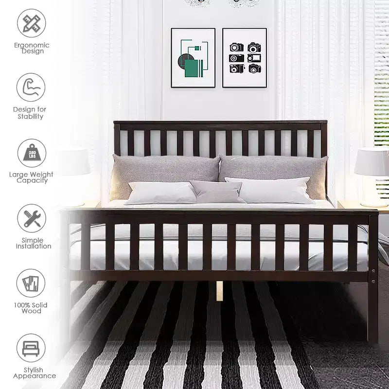 Costway Wood Bed Frame Wooden Slat Support Platform w/ Headboard Queen Size