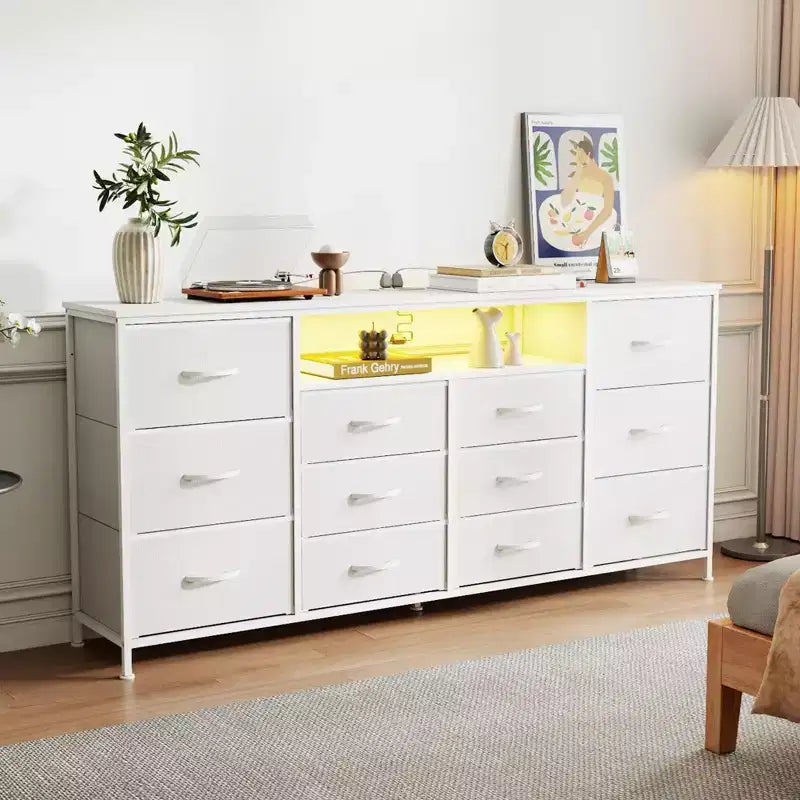 12 Drawer Dresser TV Stand for 65 70 75 Inch TV 63 W Extra Long White Dresser for Bedroom with LED Lights & Power Outlets Fabric Drawers for Closet