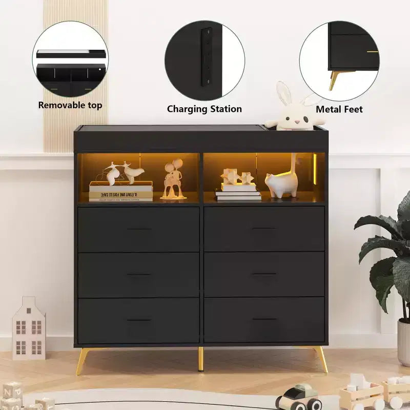 Table Dresser with Drawers, Baby Dresser with Changing Table Top, Power Outlet, Diaper Changing Station Nursery Organizer for Infants Newborn