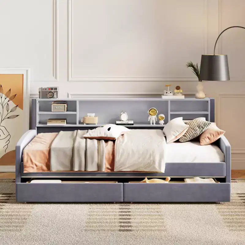 Bellemave Twin Size Daybed Frame with 2 Storage Drawers and Side Storage, Velvet Upholstery Twin Bed for Kids and toddlers