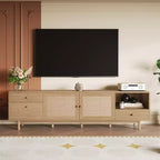 JVNOXK 77-inch Mid-Century Modern Natural Rattan TV Console, Suitable for TVs 65 inches and larger, Entertainment Center with Open Storage and Drawers