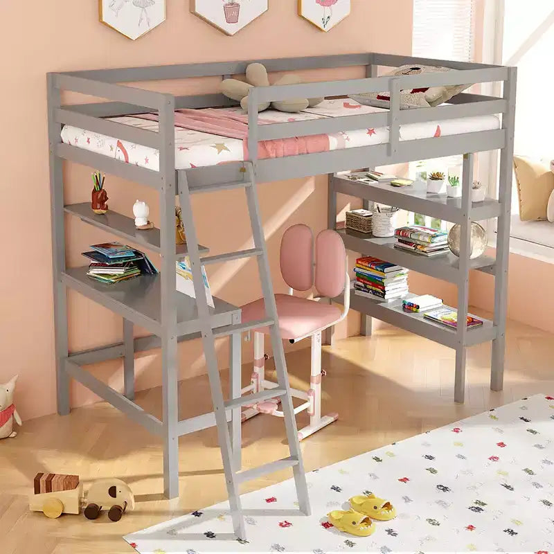 Costway Twin Size Solid Wood Loft Bed w/ Desk & Bookshelves Ladder & Guardrails