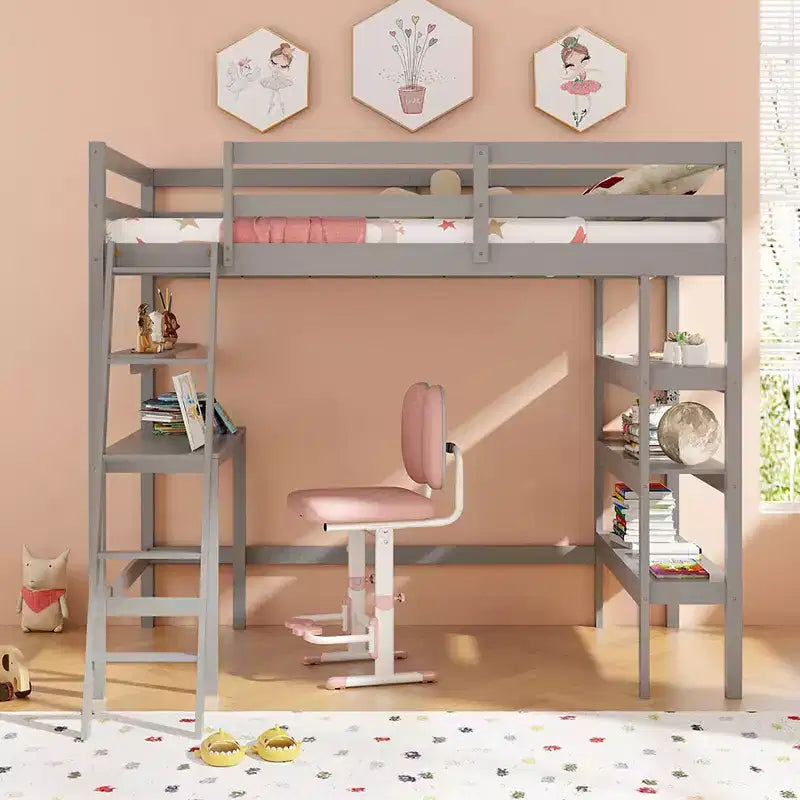 Costway Twin Size Solid Wood Loft Bed w/ Desk & Bookshelves Ladder & Guardrails