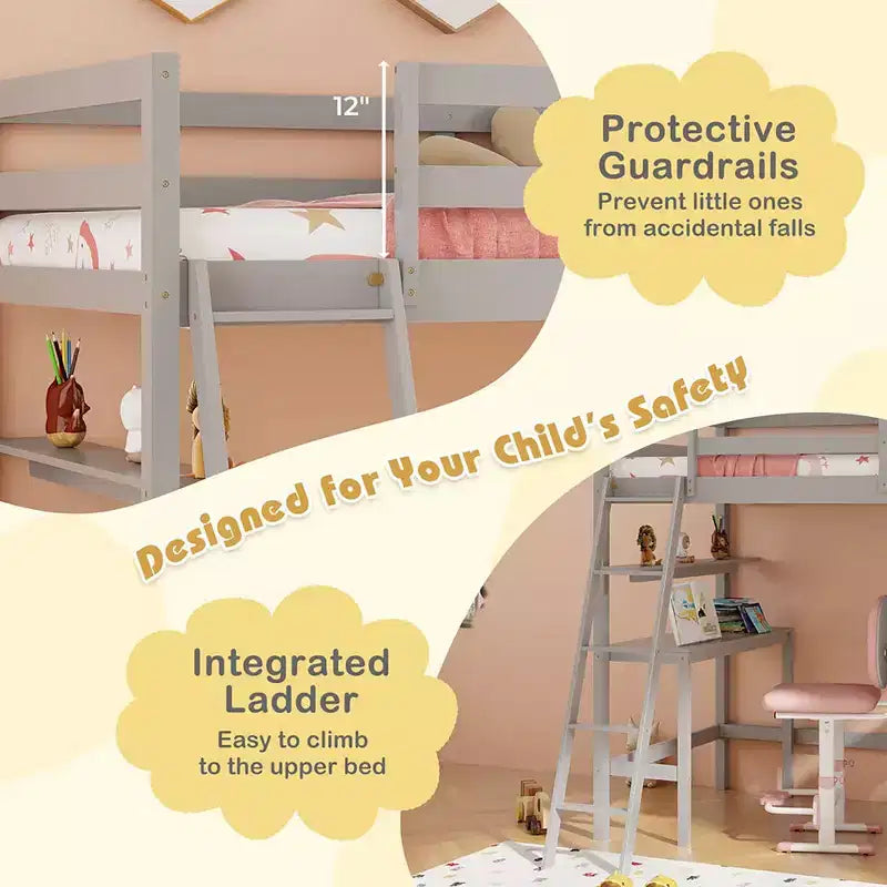 Costway Twin Size Solid Wood Loft Bed w/ Desk & Bookshelves Ladder & Guardrails