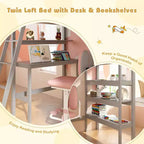 Costway Twin Size Solid Wood Loft Bed w/ Desk & Bookshelves Ladder & Guardrails