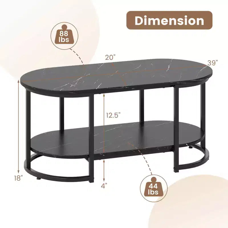 Costway White Marble Coffee Table Modern 2-Tier Center Table with Open Storage Shelf Black Marble Pattern Black Marble Pattern/White & Gold