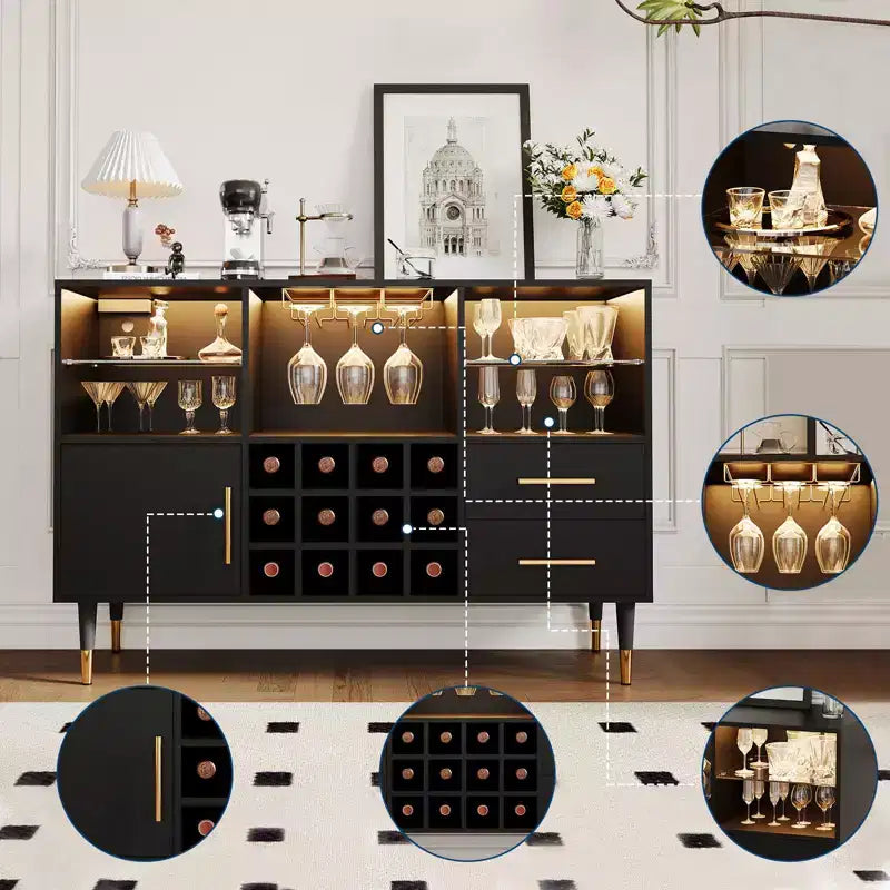 47 Farmhouse Coffee Bar Cabinet, Freestanding Wine Bar Cabinet with Wine Rack, Wooden Sideboard Buffet Cabinet, Modern Liquor Cabinet