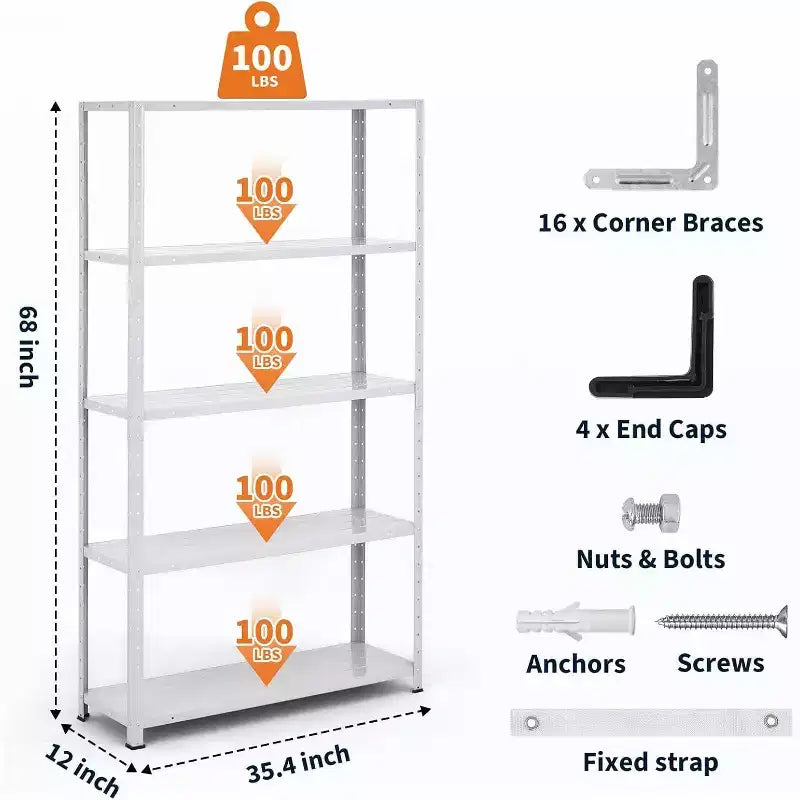 5 Tier Heavy Duty Steel Shelving Unit, 500 lbs Capacity Garage Storage Shelves with Adjustable Height, Metal Shelves,Industrial Shelves