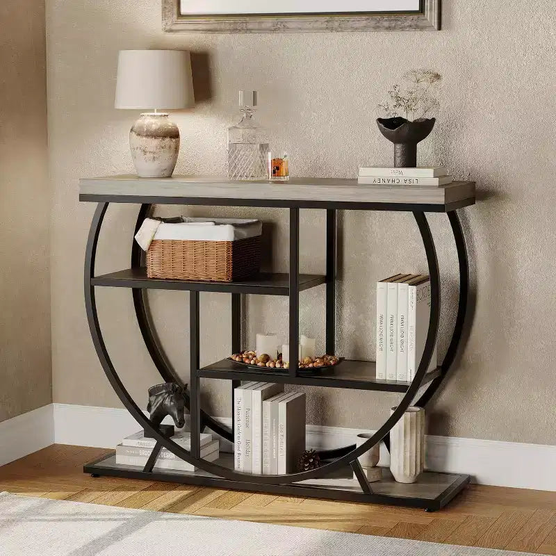 4-Tier Industrial Entryway Accent Table with Semicircular Metal Frame, Adjustable Feet & Open Shelf, Sofa Table for Living Room Hallway Foyer