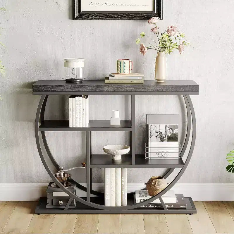 4-Tier Industrial Entryway Accent Table with Semicircular Metal Frame, Adjustable Feet & Open Shelf, Sofa Table for Living Room Hallway Foyer