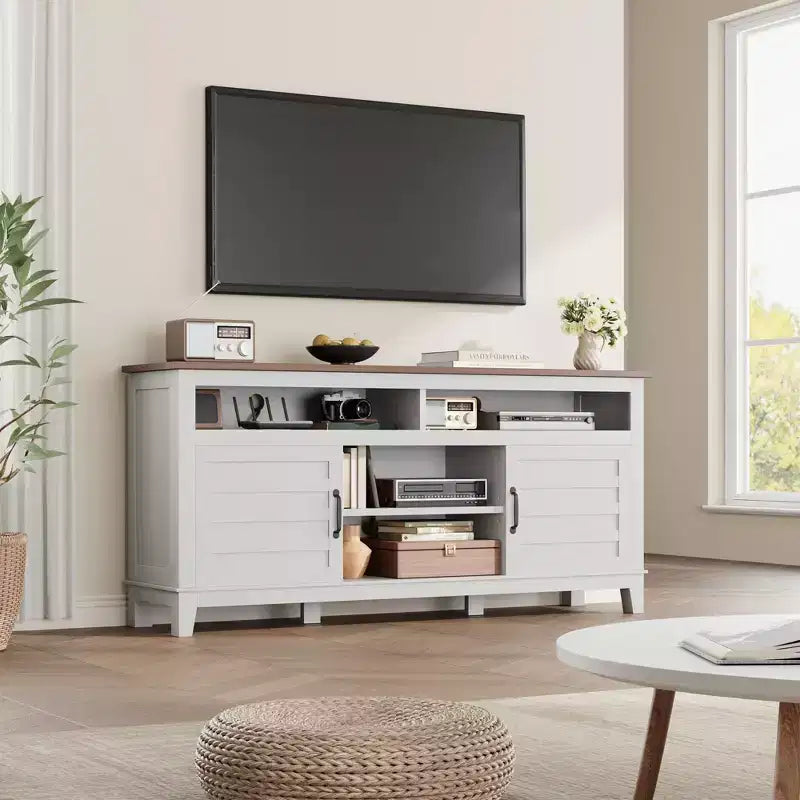 Modern TV Stand for 65 in TV, Semi-Open Double Door Cabinet with Adjustable Shelves  Brown Entertainment Center with 8 Storage Compartments