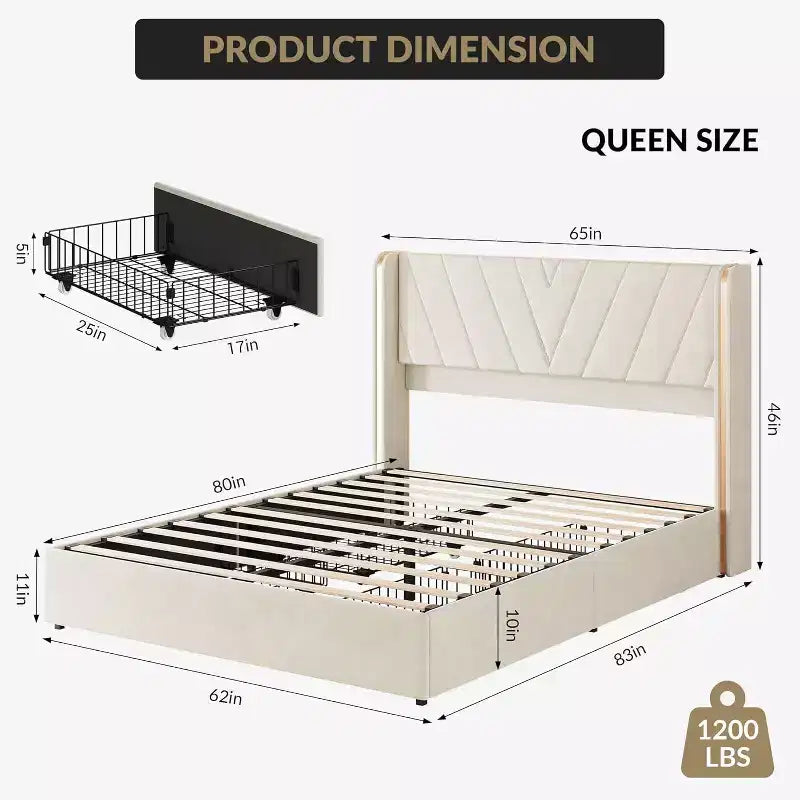 Upholstered Bed Frame,Queen Size Bedframe with 4 Storage Drawers,Velvet Platform with Wingback Headboard,No Box Spring Needed,Noise Free,Easy Assembly