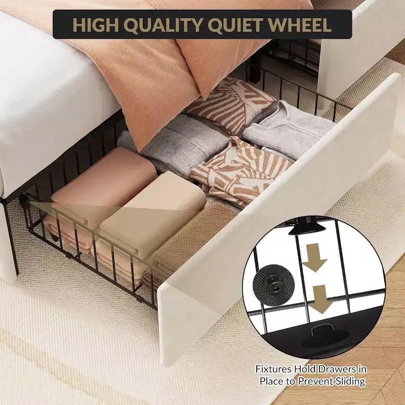 Upholstered Bed Frame,Queen Size Bedframe with 4 Storage Drawers,Velvet Platform with Wingback Headboard,No Box Spring Needed,Noise Free,Easy Assembly