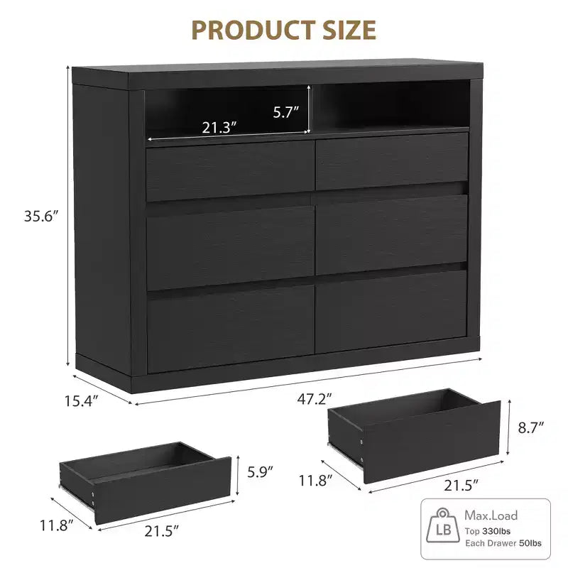 6 Drawer Dresser for Bedroom, Modern Mid Century Chest of Drawers with 2 Open Shelves, 47 Wide Wooden Double Dresser TV Stand for Closet, Living Room