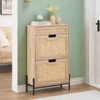 Farmhouse Rattan Shoe Cabinet - 3-Tier Slim Wooden Shoe Rack with 3 Drawers & Adjustable Shelves