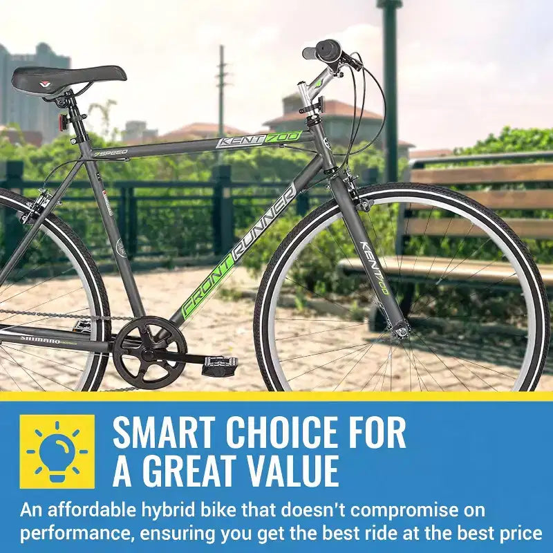 Bicicleta híbrida Front Runner de Kent International - 700c - Bicicleta urbana con transmisión de 7 velocidades, ruedas ligeras de aleación y sillín regulable en altura