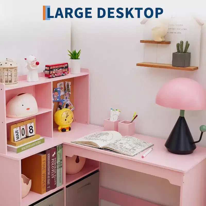 Kids Corner Desk, Desk and Chair Set for Children, L Shape Kids Study Table Features Bulletin Board Open Shelves Storage Cabinets and Cloth Drawers