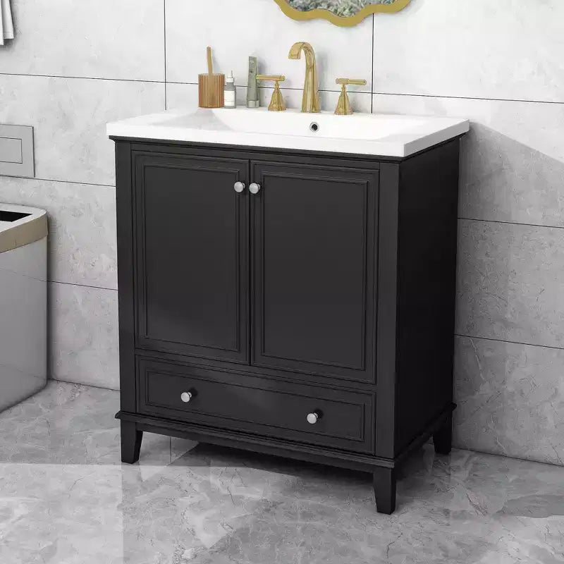30 Bathroom Vanity with Sink Combo, Multi-functional Bathroom Cabinet with Doors and Drawer Black