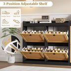 Shoe Cabinet Rattan with 4 Flip Drawers, Wooden Freestanding Shoe Organizer with Adjustable Shelves
