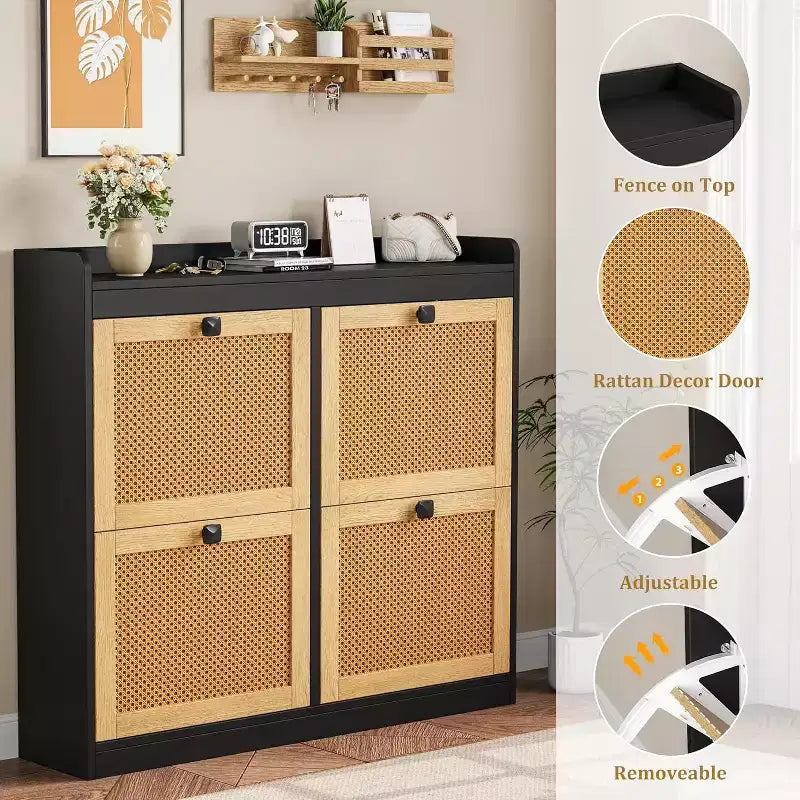 Shoe Cabinet Rattan with 4 Flip Drawers, Wooden Freestanding Shoe Organizer with Adjustable Shelves