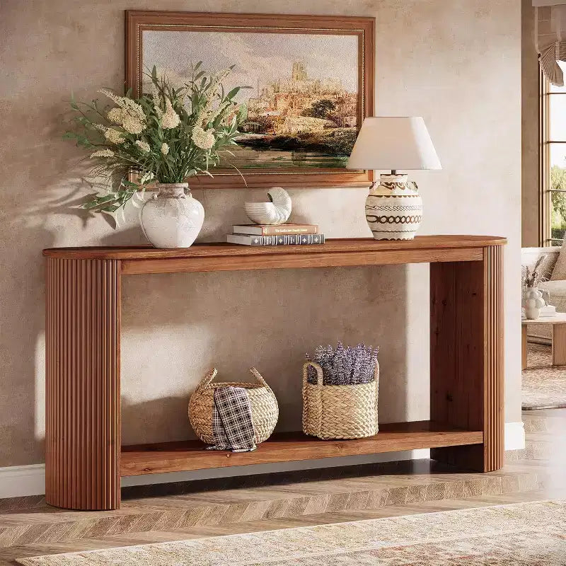 Lantine 63 Long Solid Wood Console Table, Farmhouse 2-Tier Narrow Sofa Entryway Table for Living Room, Hallway, Easy Assembly