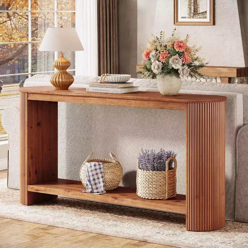 Lantine 63 Long Solid Wood Console Table, Farmhouse 2-Tier Narrow Sofa Entryway Table for Living Room, Hallway, Easy Assembly