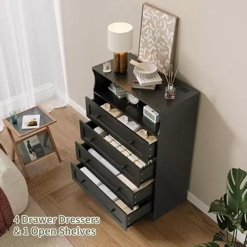 4 Drawer Wooden Dressers for Bedroom, Modern Nightstand for Bedside, Wood Chest of Drawers Storage Organizer for Living Room, Hallway, Closet