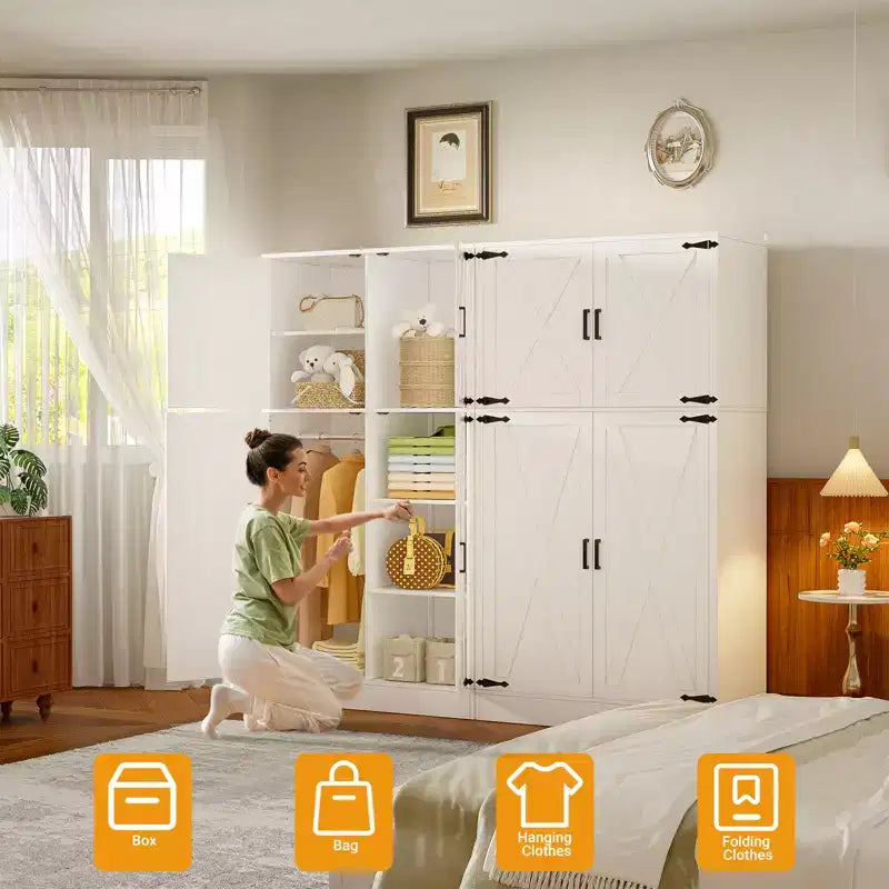 Besiost 71 Freestanding Organizer with Adjustable Shelves and Hanging Rails, Wooden Closet with 4 Barn Doors