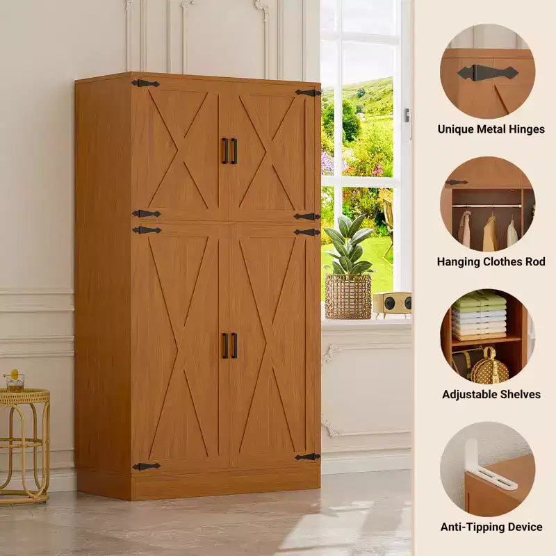 Besiost 71 Freestanding Organizer with Adjustable Shelves and Hanging Rails, Wooden Closet with 4 Barn Doors