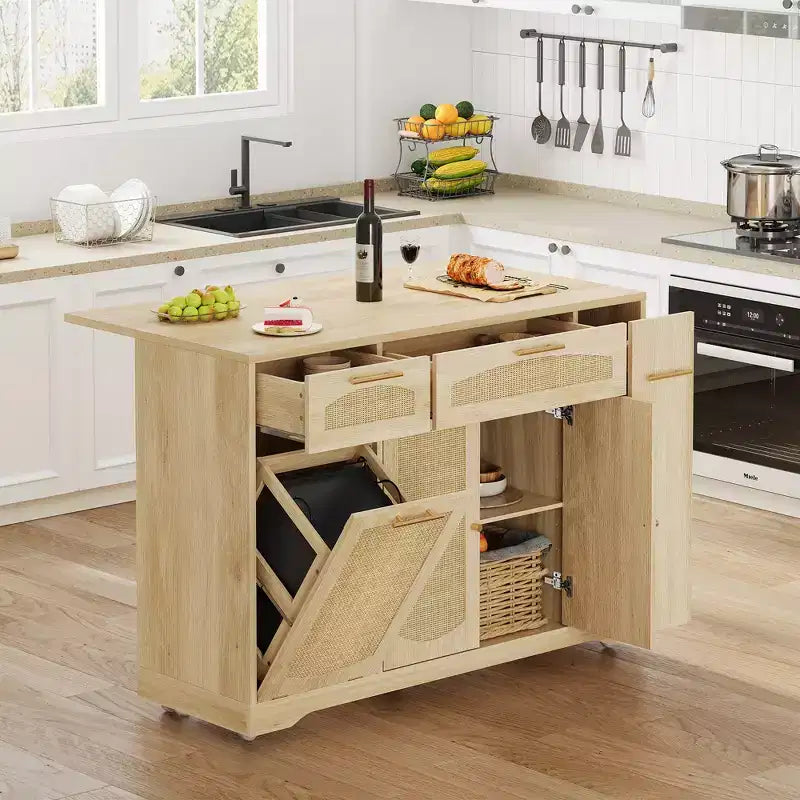 53 Kitchen Island With Drop Leaf, Rolling Kitchen Island Table on Wheels, Tilt Out Trash Can Cabinet with Drawers, Spice Rack for Living Room