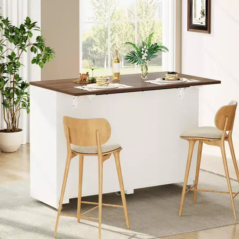 53 Kitchen Island With Drop Leaf, Rolling Kitchen Island Table on Wheels, Tilt Out Trash Can Cabinet with Drawers, Spice Rack for Living Room