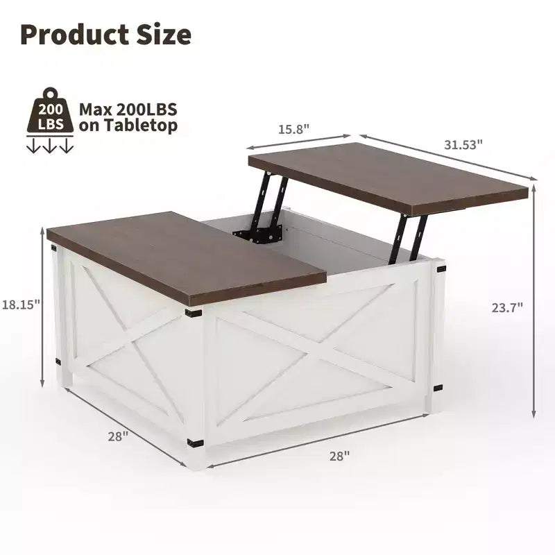 GustoWave 28 Square Lift Top Coffee Table, Farmhouse Style with Hidden Storage and Open Shelf for Living Room or Office - White