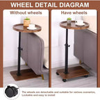 Side table C shape, 360 rotatable and height-adjustable sofa table, Adjustable Height Round Rolling End Table Brown